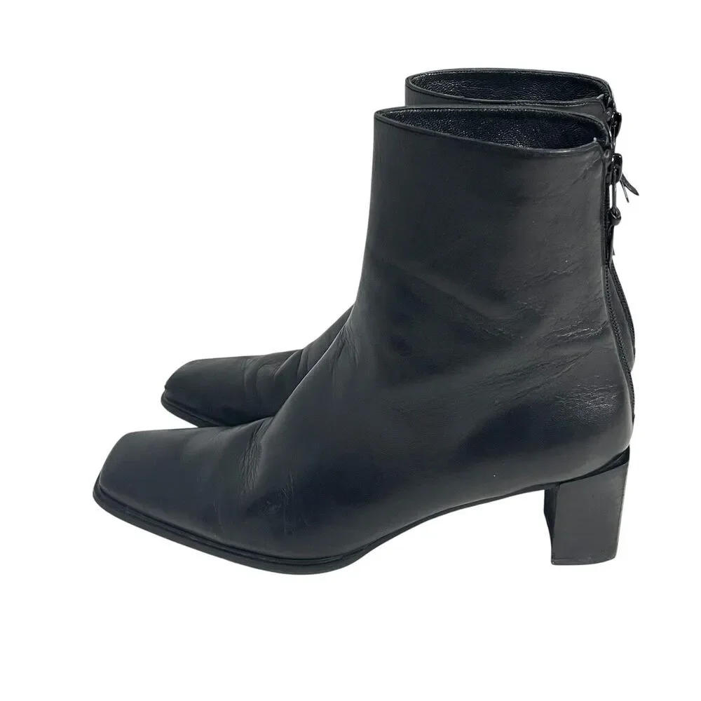 Stuart Weitzman Boots Womens Size 9.5 Black Leather Square Toe Block Heel Ankle